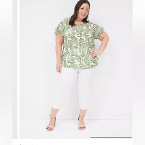 Lane Bryant Women's Flutter-Sleeve Crew-Neck Top 28 Green Leaf White Plus New